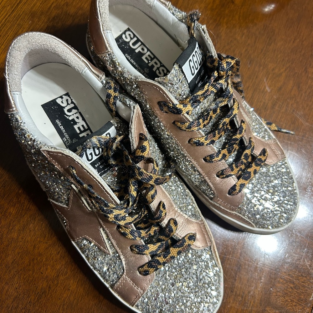 Golden Goose Silver Glitter Sneakers with Leopard Print